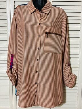 John Mark ladies Tan & White Striped Casual Button-Down Shirt